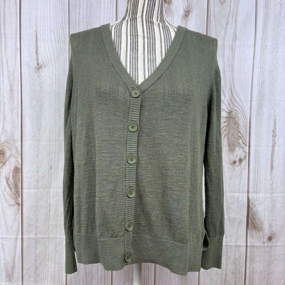 Premise Cardigan Sweater Button Up V-Neck Lightweight Linen Blend Green Sz Large